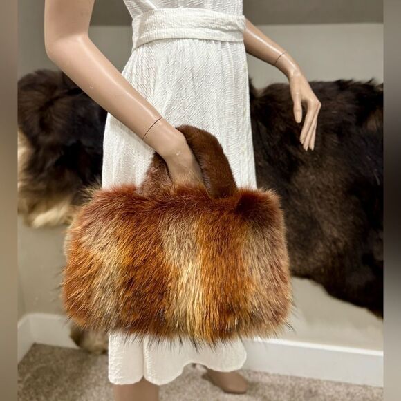 Brown Gradient Real Raccoon Fur & Fur Handles Satchel Bag/Crossbody - Picture 4 of 17